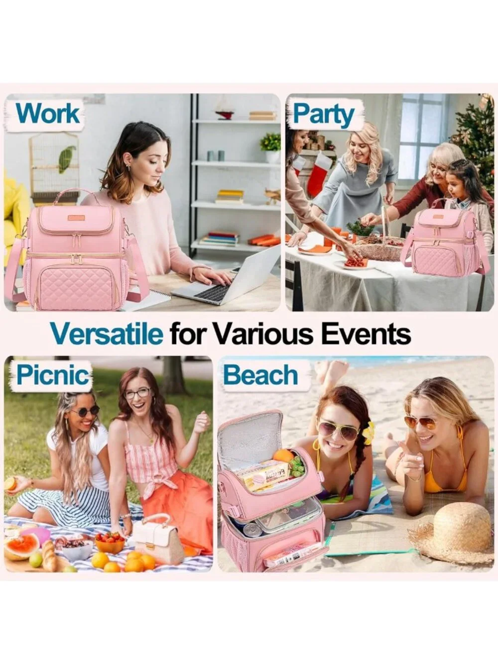Insulated Dual Compartment Lunch Bag, Leakproof Cooler for Work & Picnic - Pink